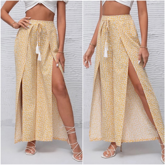 Boho Floral Print Slit Leg Wide Leg Palazzo Pants - Picture 3 of 5